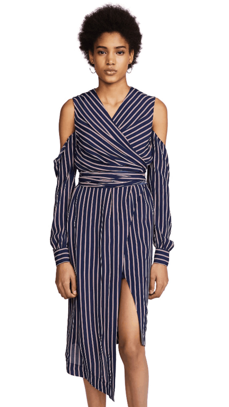 NICHOLAS Pinstripe Wrap Dress Navy Blue Midi silk cold shoulder women's 2